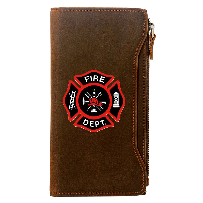 

Luxury Firefighter Symbol Printing Genuine Leather Wallet Men Long Purse With Phone Bag Zipper Card Holder Clutch