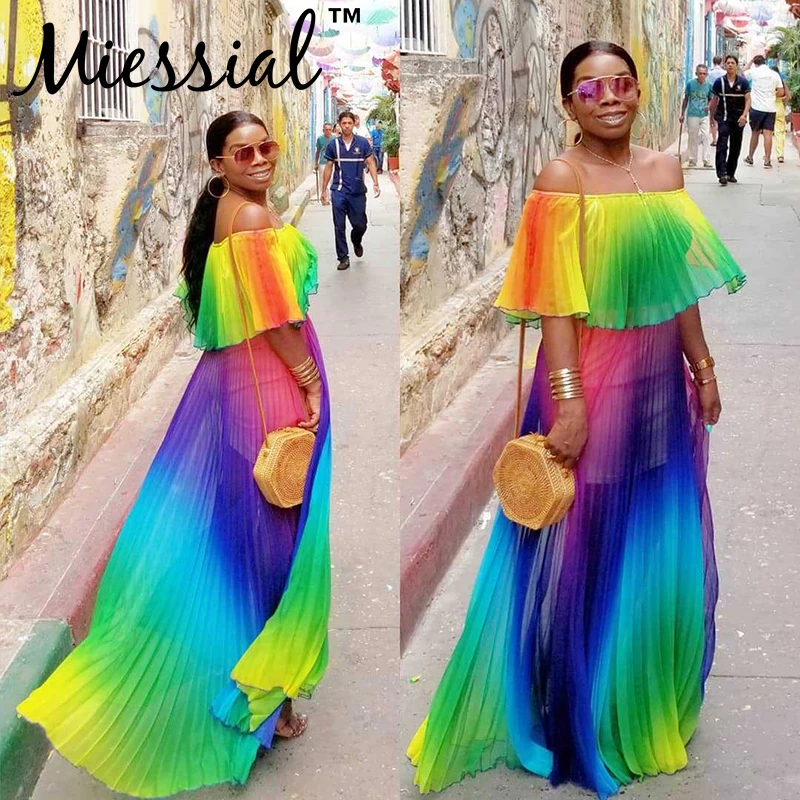 Платье Miessial женское Осеннее/зимнее длинное с открытыми плечами Радужное