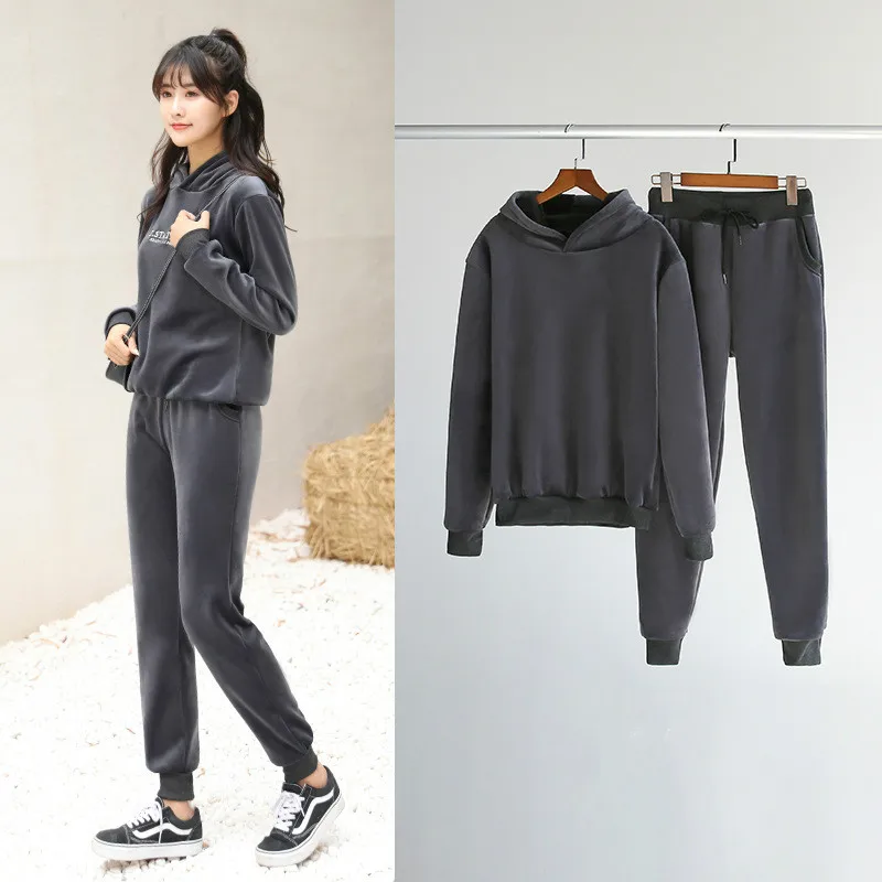 gray set Зимний спортивный костюм из 2 предметов, женский черный бархатный свитер, женский спортивный пуловер, женский спортивный комплект, спортивный костюм для женщин, толстовка - Цвет: gray set