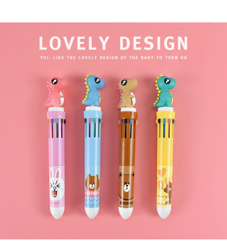 Cute Dinosaur Ballpoint Pen. Cartoon 10 Colors. Press Ball Point Pen. Student Multi-function Mark Ball Point Pen