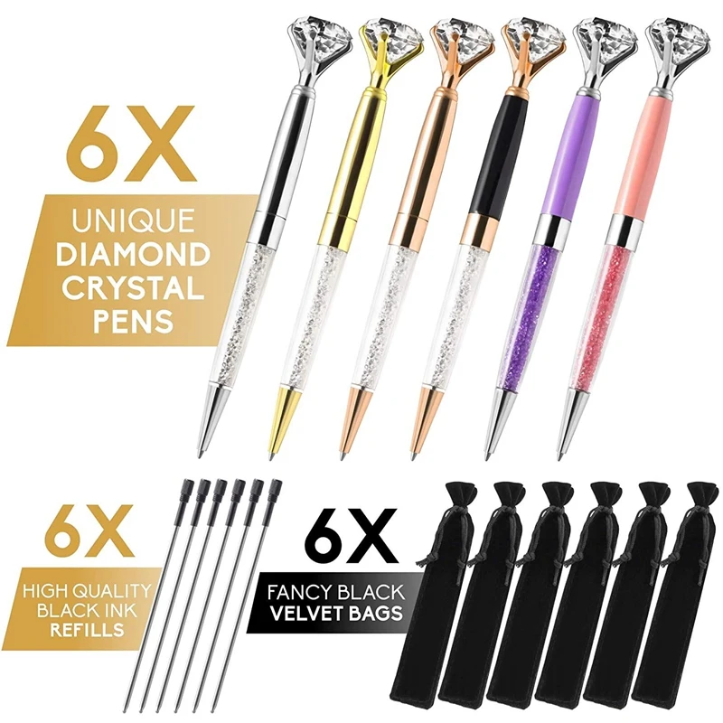 6x Изящные шариковые ручки с кристаллами и бриллиантами черные чернила заправки