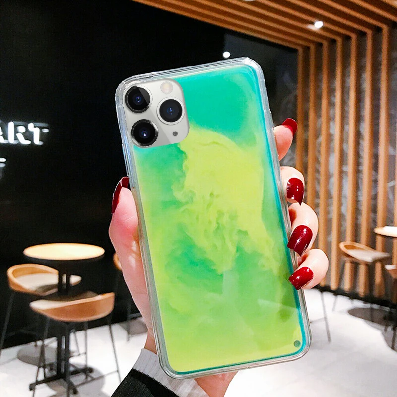 Светящиеся неоновые песок чехол для samsung S8 9 10 плюс Note10 8 9 A50 A70 40 светится в темноте Жидкий блеск зыбучие пески чехол iPhone 11