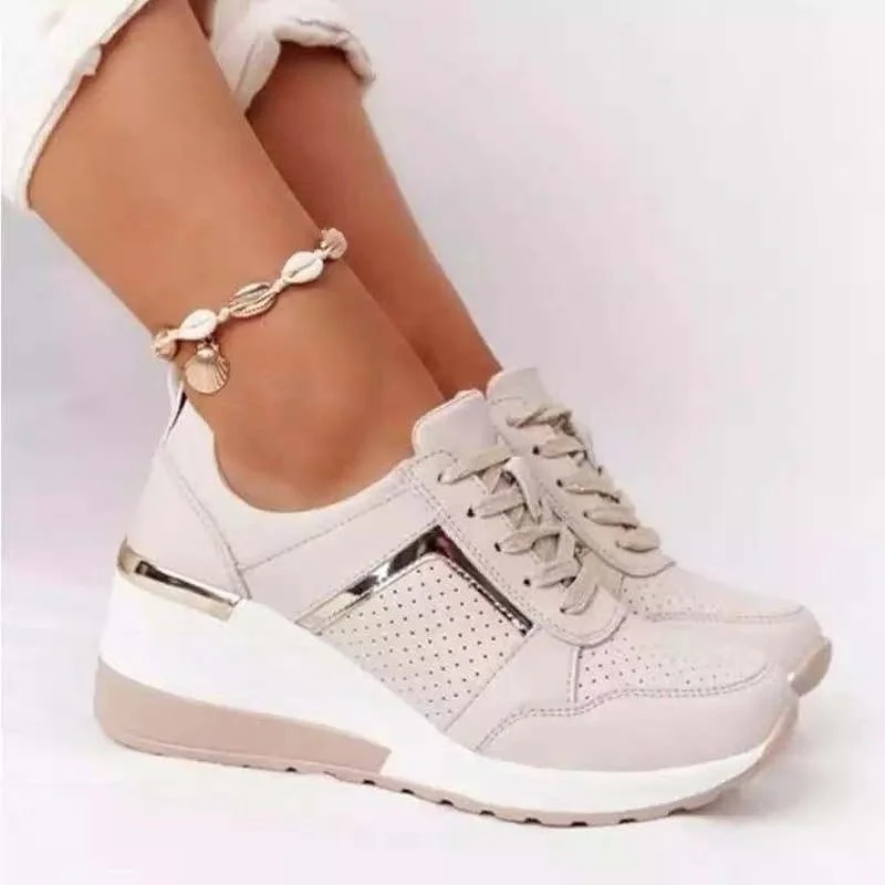 

2021 New Wedges Casual Lace-up Mesh Breathable Sneakers Summer Occident Style Fashion Shallow Round Toe Flats Ladies Sneakers PU