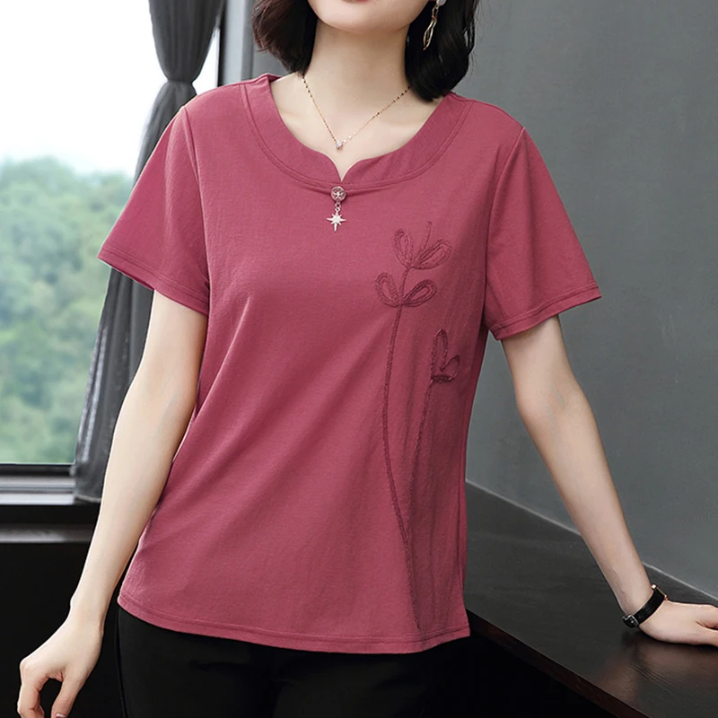 

Cotton Short Sleeve T-Shirt Women Embroidery Floral T Shirt Female 2022 New Summer Tops Fashion Woman Clothes Tee Shirt Femme
