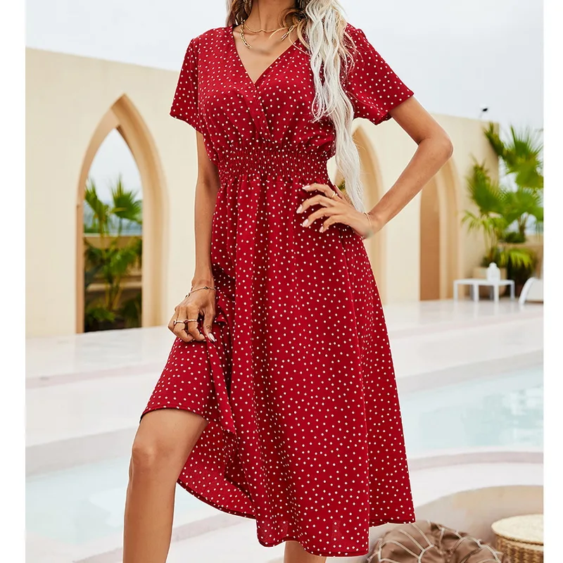 

Womens Summer Fashion Mini Dress Short Sleeve V-Neck Ladies Polka Dot Dreeses Sexy Vestidos For Femela Boho Beach Holiday Dress