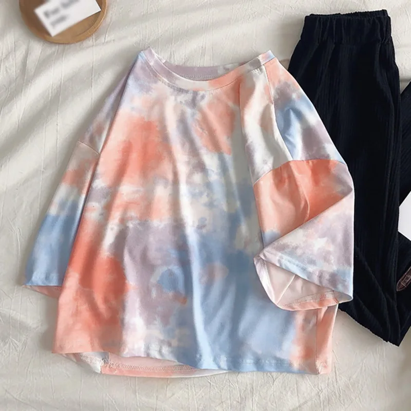 Women Short Sleeve T-Shirt Streetwear Tie Dye Print Summer Sweet Loose Oversized 2XL Ladies Tee Shirt Tops W1 | Женская одежда