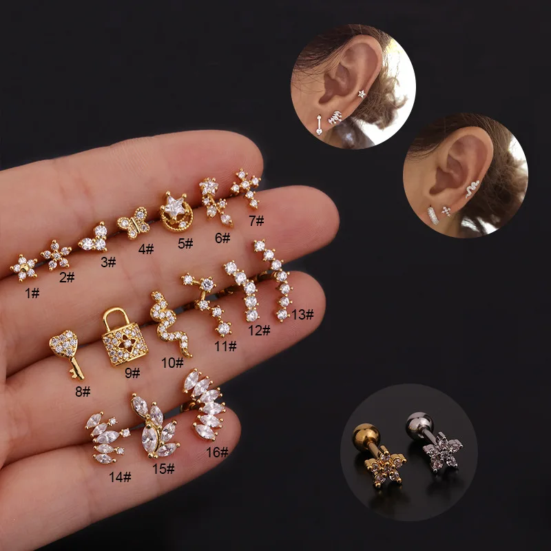 

1PCS 16G Flower Snake Lock Key Cross Cz Ear Studs Helix Piercing Cartilage Earring Conch Rook Tragus Stud Ear Piercing Jewelry