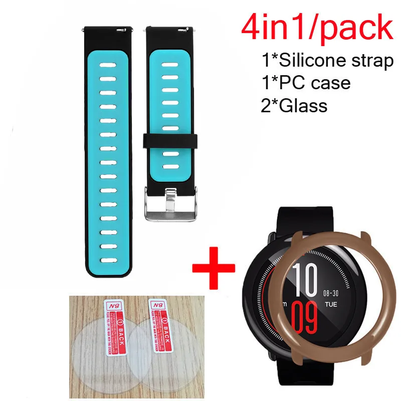 black blue-coffee 4в1 силиконовый ремешок для часов Huami Amazfit Pace ремешок спортивный ремешок для наручных часов защитный браслет чехол стекло Защита экрана - Цвет: black blue-coffee