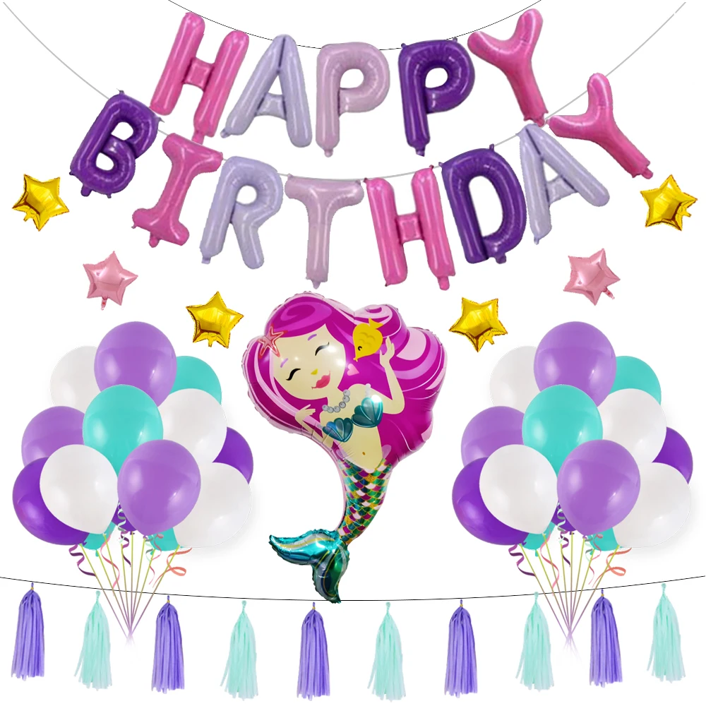 

Mermaid Style Happy Birthday Balloon Set Aluminum Film Rubber Birthday Balloon Pink Purple Color Birthday Decorations for Home