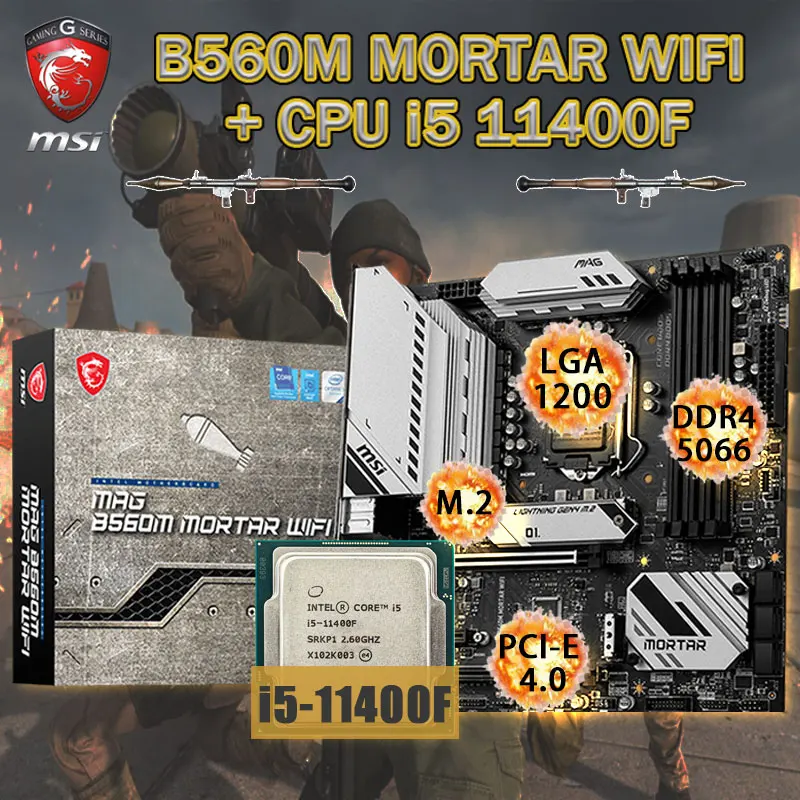 

LGA1200 Motherboard Set MSI MAG B560M MORTAR WIFI+Intel i5 11400F Combo DDR4 128GB M.2 PCI-E 4.0 Chia Placa-mãe Kit Desktop B560
