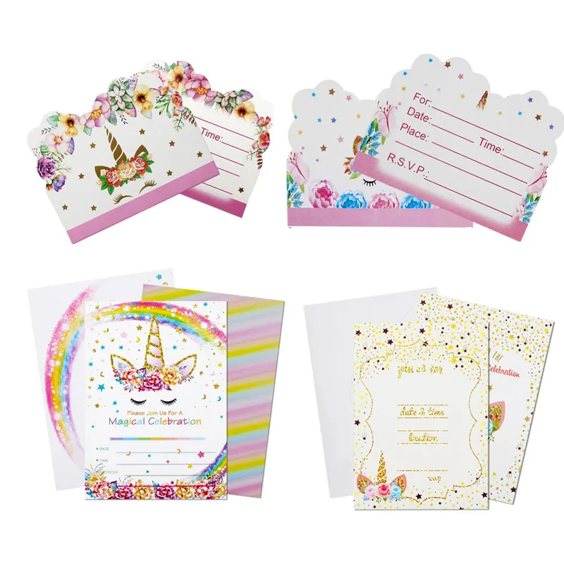 Unicorn Invitations Card Unicornio Party Happy Birthday Decorations Kids Favors Invitation Cards Baby shower | Дом и сад