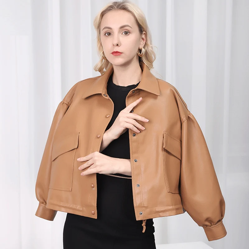 

2021 Spring Autumn New Women Fashion Plus Pu Leather Soft Zipper Jackets Thick Plush Linning Loose Moto Bikers Punk Female Coat