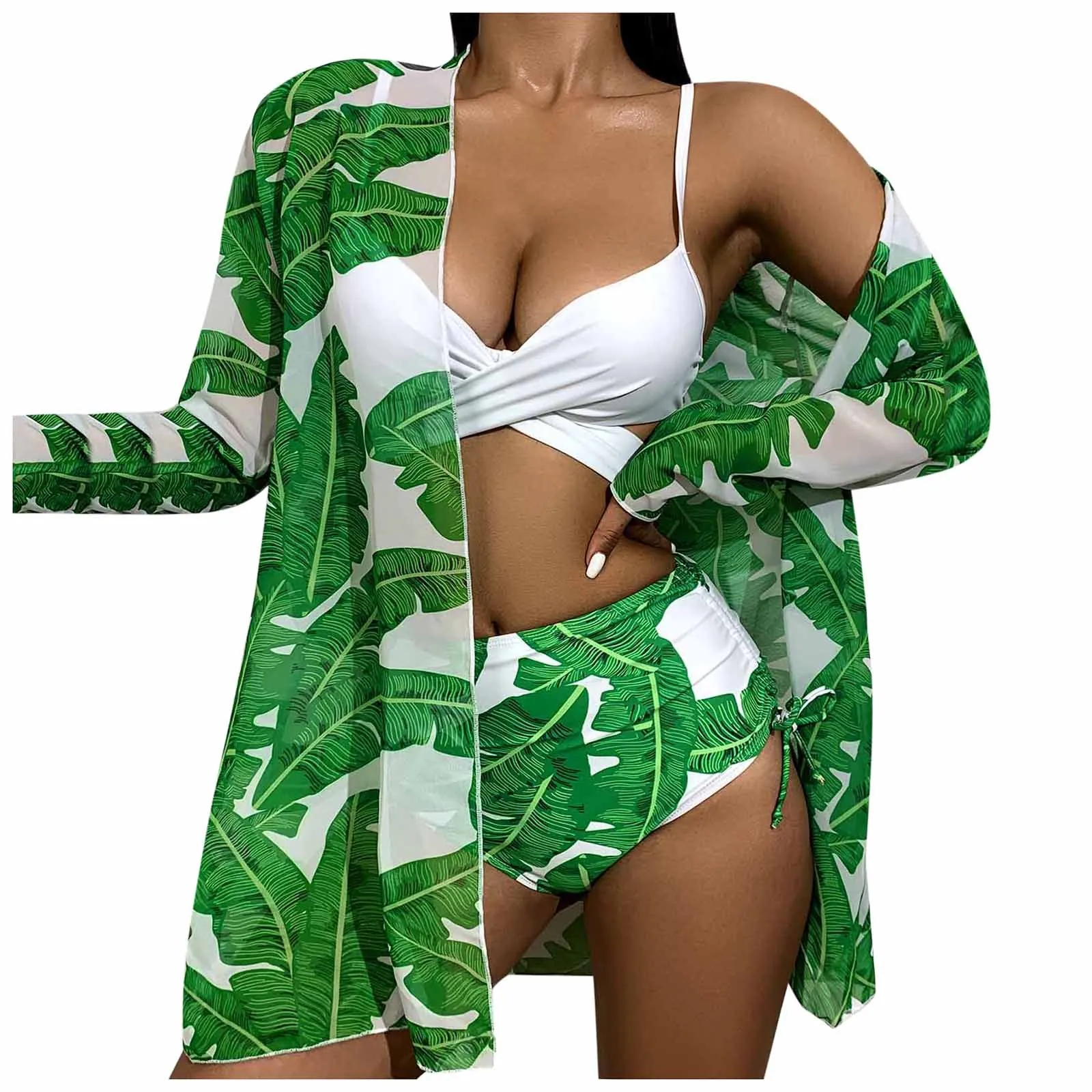 

3pcs Women Swimsuits Bikini Set Push-Up Padded Top High Waist Print Long-Sleeve Coat With Straps Swimwear Sexy Beachwear 2021