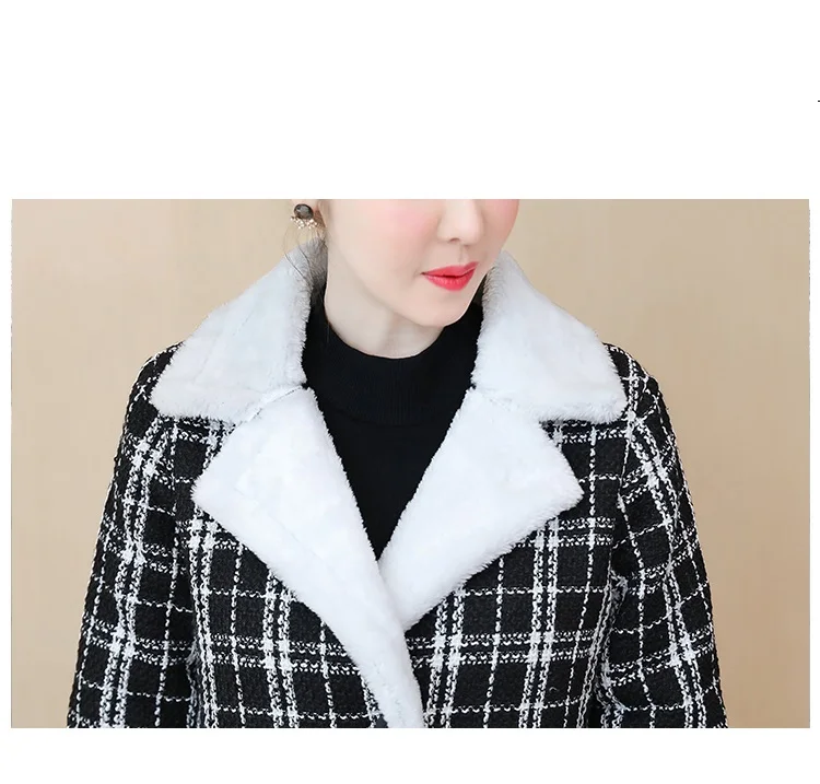 

Lattice Woolen coat New Autumn Winter Large size Women lambswool Outerwear black coat female Plus velvet Plaid woolen coats 5XL