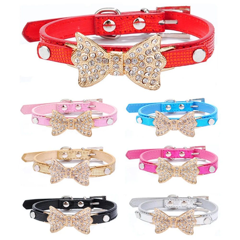 

Rhinestone Dog Collars Small Dogs Bling Crystal Bow PU Leather Pet Collar Puppy Cats Necklace Dog Harness Leash Dog Accessories