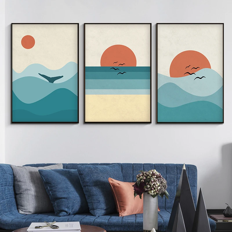 Абстрактная Картина на холсте с изображением заката восхода и океана