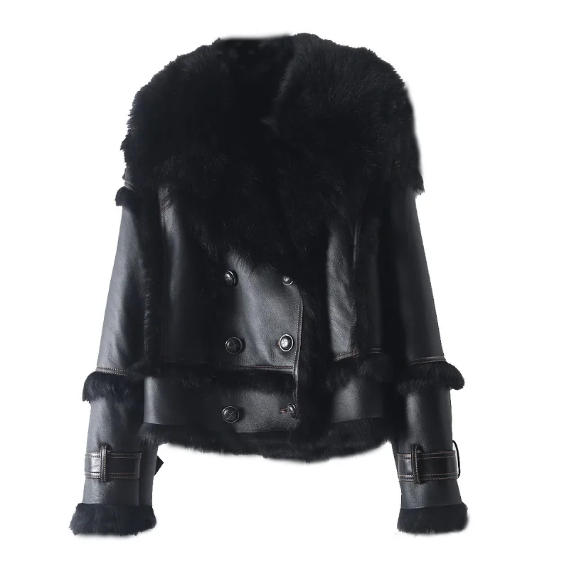 

Black Real Fur Short Coat Woman Outerwear 2021 Winter Casual Elegant Retro Jacket Lamb Fur Parka Warm Snow Locomotive Wool Coat