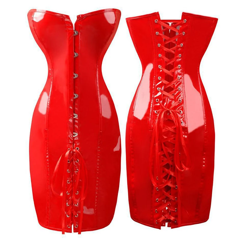 

Gothic Womens Sexy Wetlook PVC Faux Leather Corset Dress Long Black Red Shape Body Slim Bustiers Overbust Corsets Latex Catsuits