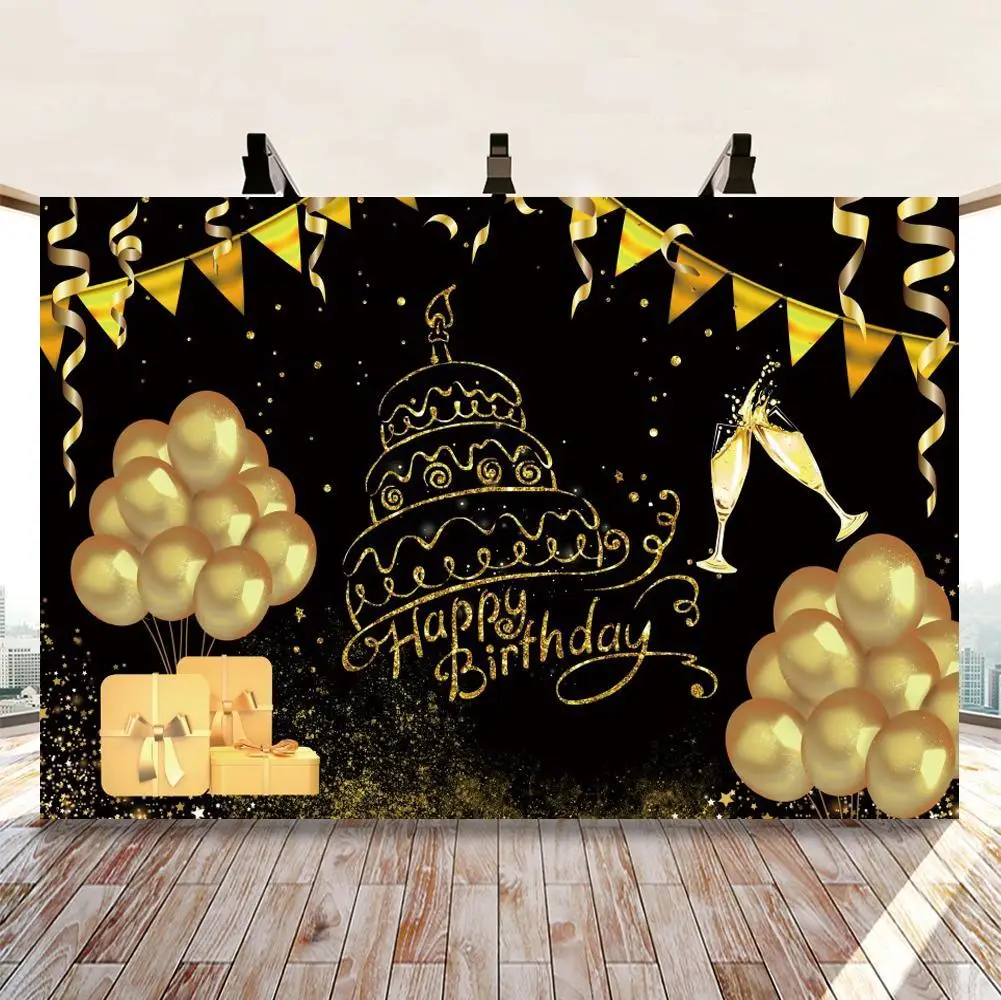 

Birthday Party Banner Photography Background Black Golden Cake Glitter Wine Table Decor Backdrop Photocall Studio Photoshoot