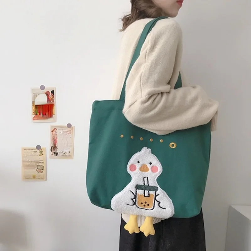 

Lovely Duck Embroidery Women's Shoulder Bags Large Capacity Student Girls Book Tote Handbags Cute Canvas Ladies Shopping Bag