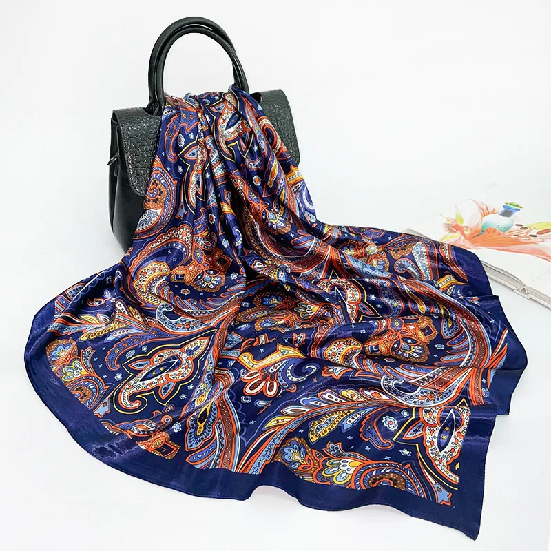 

Artificial Silk Scarf for Women Large Kerchief 90cm Shawl Ethnic Style Paisley Custom Satin Scarf