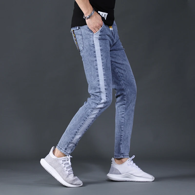 Men Side Stripe Blue Jeans Summer Men Straight Slim Fit Ankle-Length Pants Fashion Streetwear Elastic Waist Denim Trousers