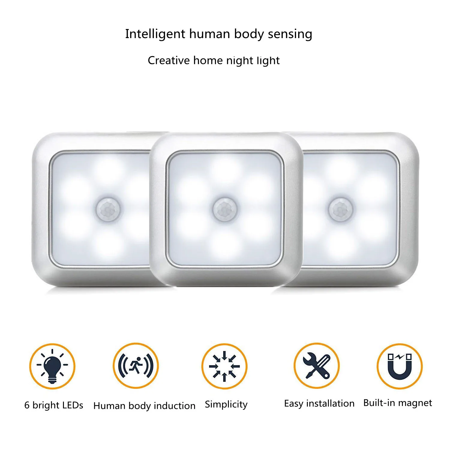 

Battery Powered 6 LED Square Motion Sensor Night Lights PIR Induction Under Cabinet Light Closet Lamp for Stairs Kitchen