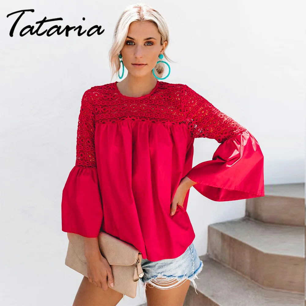 Женские кружевные топы Tataria 2020 Осенние повседневные блузки с длинным