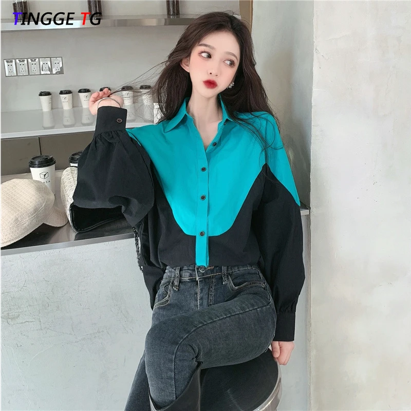 

South Korea's spring new women's clothing 2021 design sense contrast shirt Korean top tide blusas y camisas chemise femme
