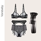 Комплект женского нижнего белья Varsbaby, комплект из 4 предметов, ультратонкий сетчатый прозрачный бюстгальтер + трусики с высокой посадкой + кружевной пояс + чулки, черный