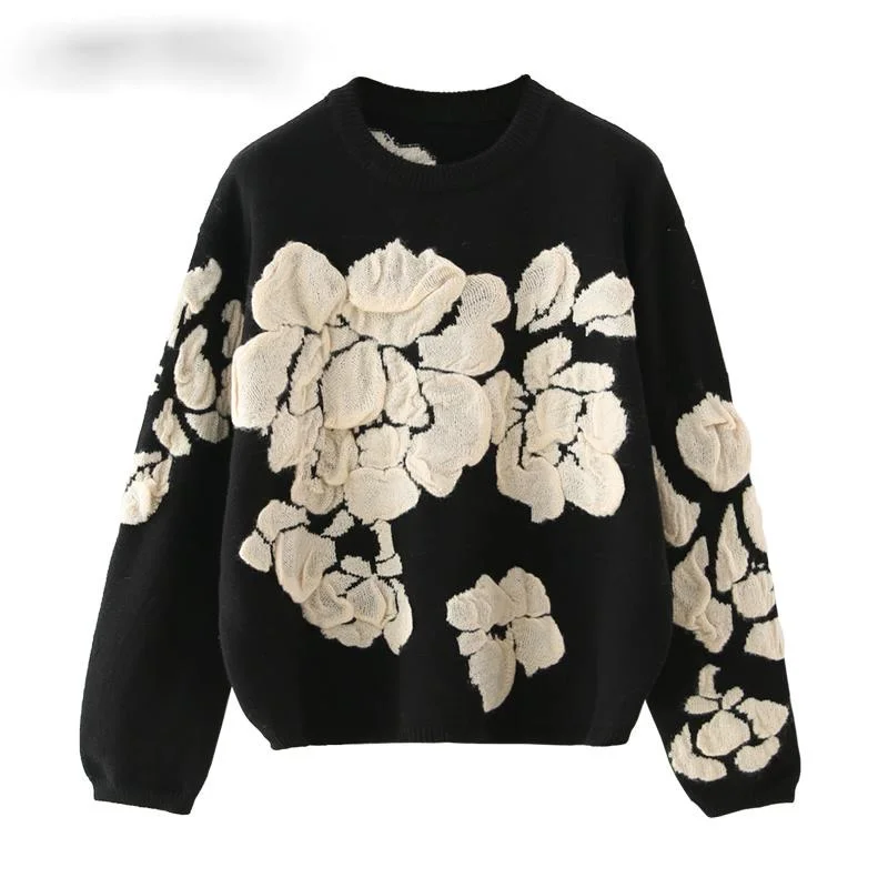 

2020 Autumn Winter Floral Print Sweater Women Knitted Pullover Femme Sweaters High Quality Knitted Oversize black Sweater Jumper