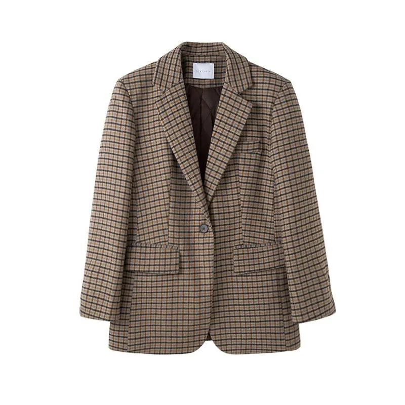 

New Arrival Spring Autumn Korea Fashion Women Long Sleeve Loose Blazers And Jackets Femme Coat Vintage Woolen Plaid Blazer