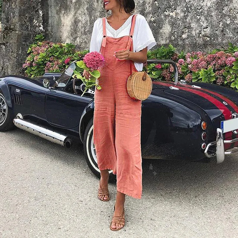 

Women Summer Cotton Linen Playsuit Fashion Sleeveless Wide Leg Dungarees Solid Long Rompers Casual Comfortable Casual Jumpsuit