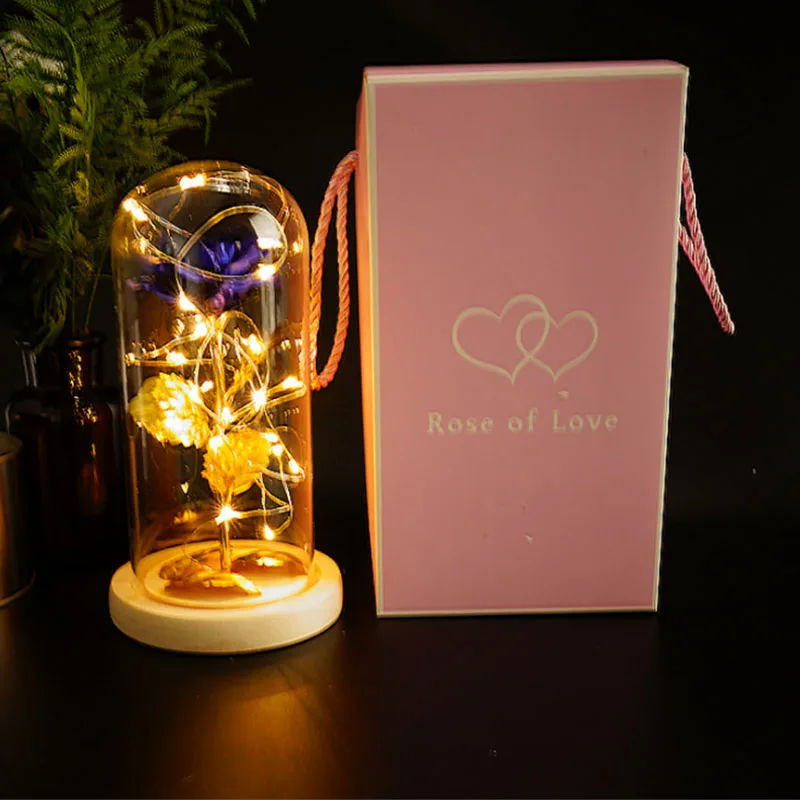 

2020 Galaxy Rose Eternal 24K Gold Foil Flowers In Glass Dome with LED Light Gifts for Mother's Day Wedding Decor Dropshipping