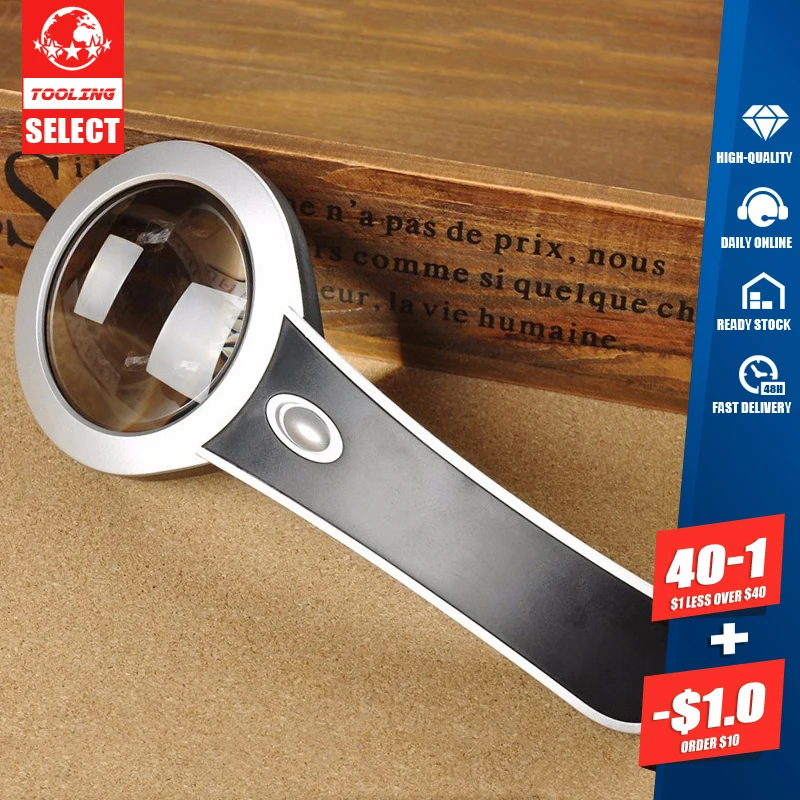 

FGHGF 6X Loupe Jewelry Reading Pocket Protable Fresnel Magnifying Glass Lens Hand Held Magnifier With 2 LED Lights Lamp
