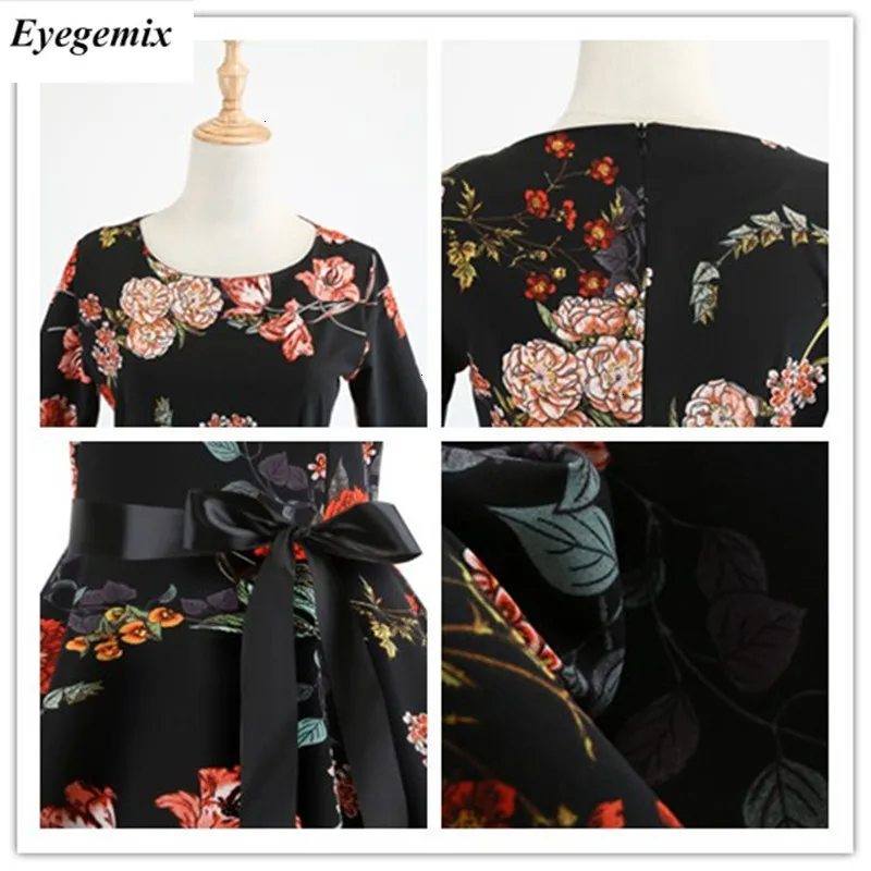 Autumn New Floral Print Vintage Vestidos 3/4 Sleeve Elegant Midi Dresses Tunic Robe Femme Casual Office Work Party Dress |