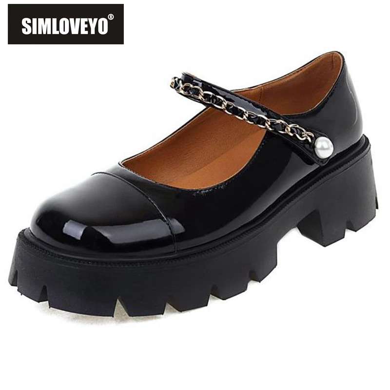 

SIMLOVEYO Shoes Pumps 2021 Square Toe Chunky Heels Solid Black Apricot Spring Buckle Strap Platform Big Size 35-41 Chains S2746
