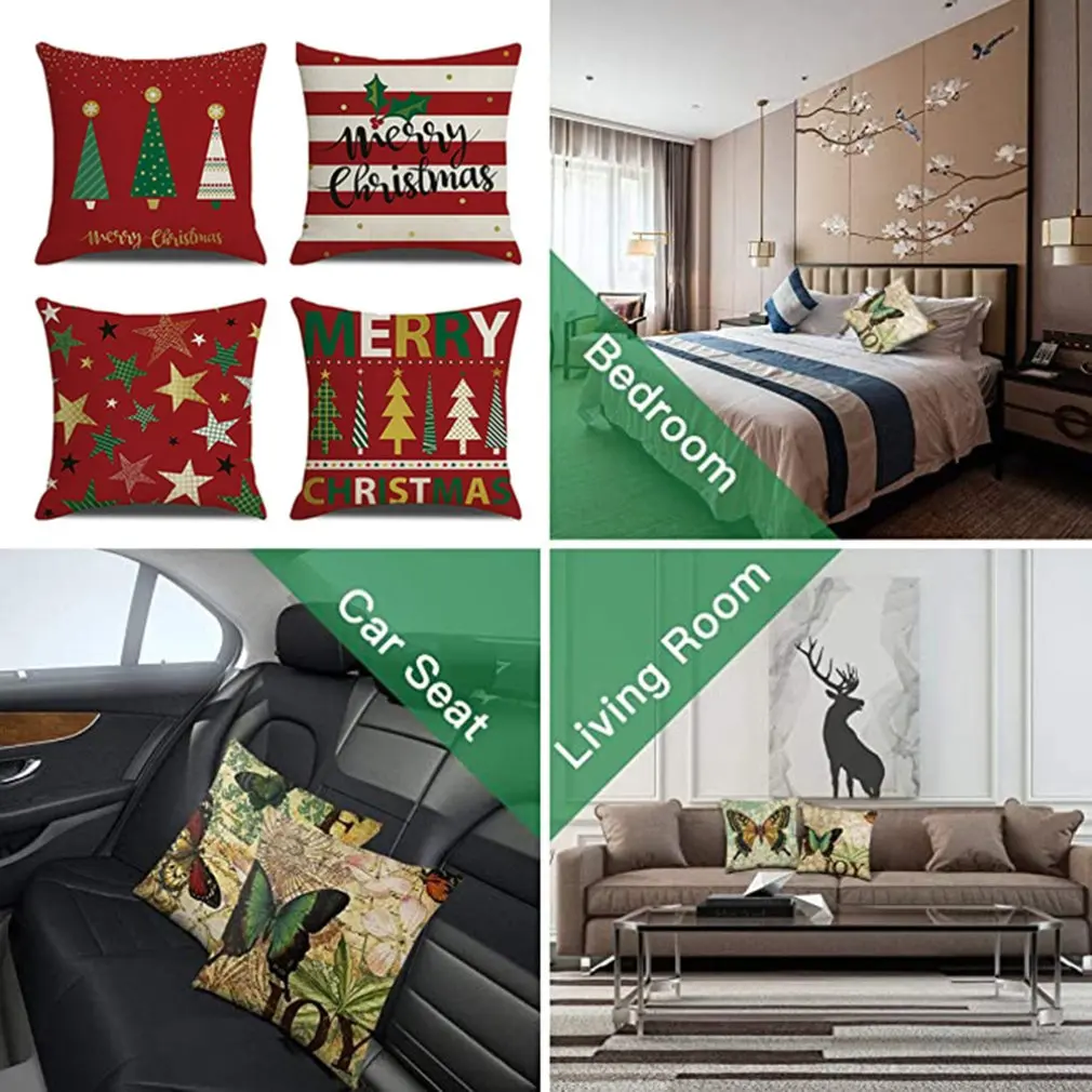 Рождественский чехол для подушки на диван Льняной Милый лось Наволочка Декоративная Красная 45х45 см.