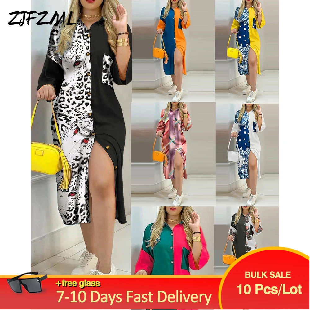 

Bulk Items Wholesale Lots Women Shirt Dresses Office Lady Lapel Collar Long Sleeve Blouse Dress Elegant Autumn Split Beach Robe