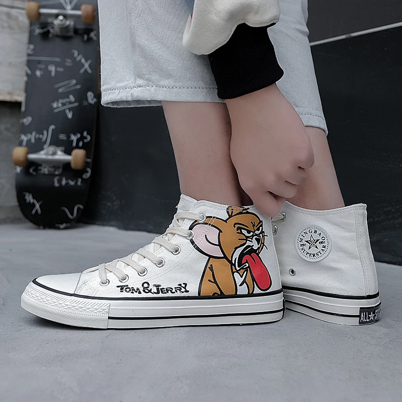 

Men Shoes 2021 Cartoon Print Canvas Zapato Fashion Casual Vulcanized Flat Sneakers Platform High-Top Lace-Up Male Calceus A19