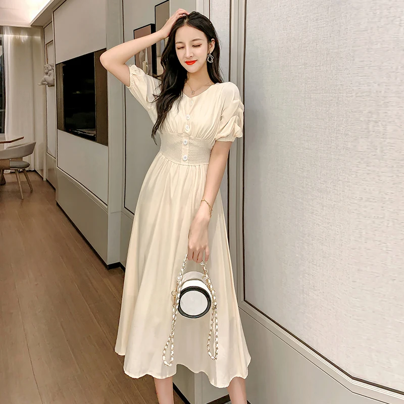 

Summer 2021new Women V-Neck Temperament Waist Thin Sweet Long Dress French Retro Fashion Elegant Gentle And Beautiful Dresses
