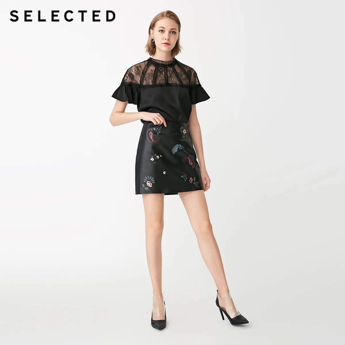 Отборный вышитый узор A lined PU юбка S | 41846S502|Женские юбки|
