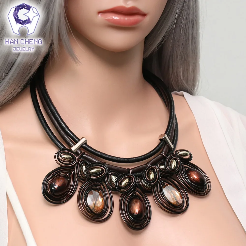 Женский кожаный веревочный чокер HanCheng ожерелье ручной работы из бусин с