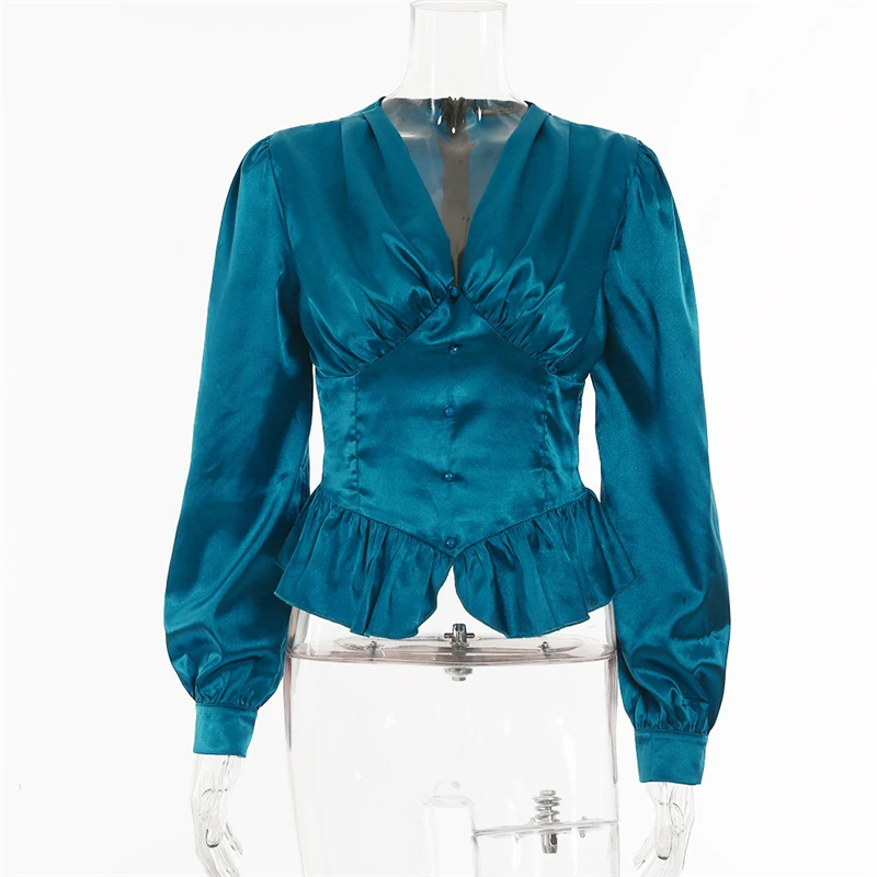 

2021 Ruffled Elegant Satin Top Ladies Spring V-neck Long Sleeve Slim Sexy Button Fashion Office Ladies Shirt Top Casual