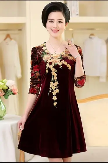 2020 зимнее бархатное платье трапециевидной формы женское с вышитыми цветами