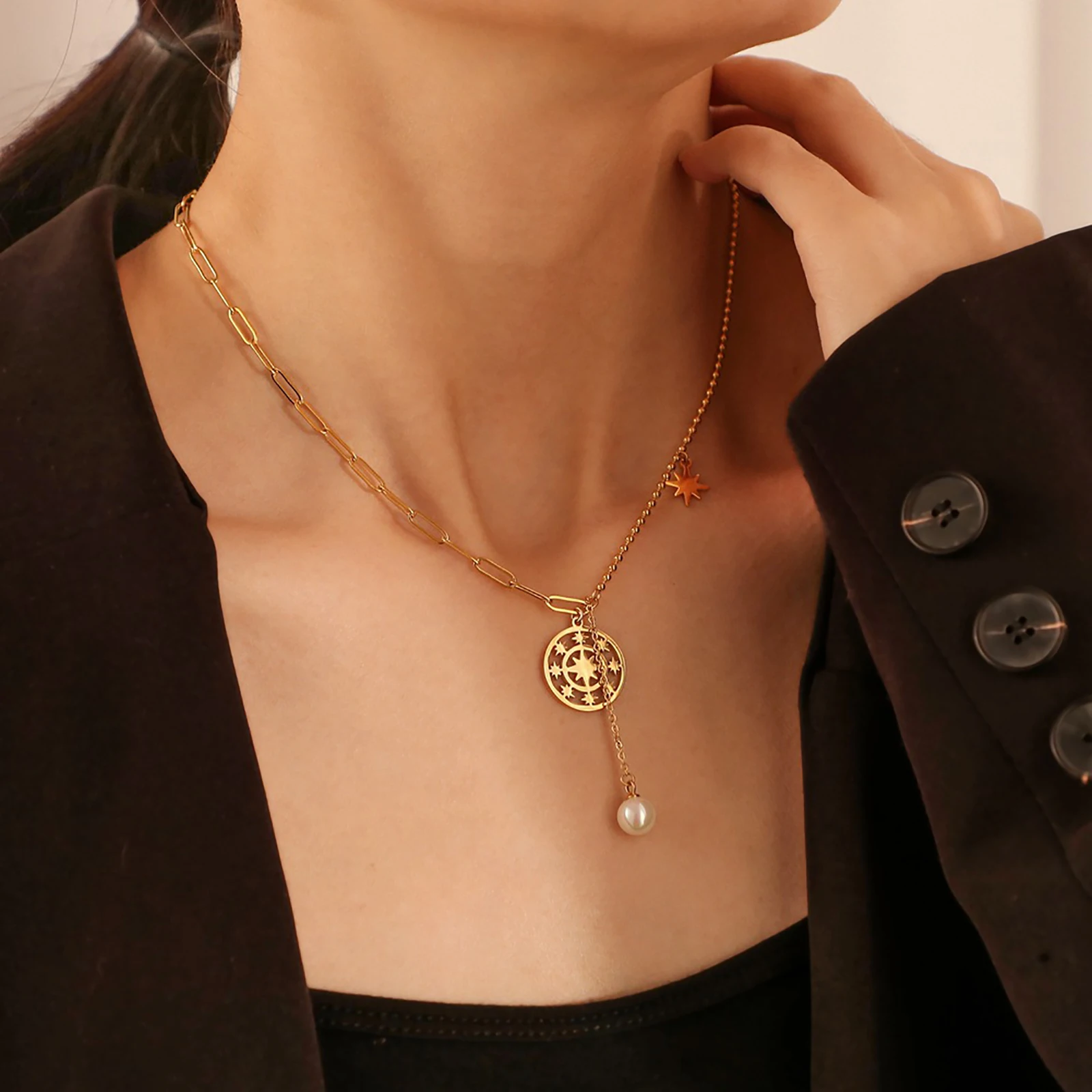 

Stainless Steel & Acrylic Necklace White Round Star Imitation Pearl Necklace40cm(15 6/8") long 2021 Gifts for women, 1 Piece