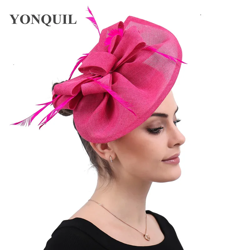 hot pink Винтажные большие Дерби женские зеленые вуалетки шляпы элегантные женские события перо гоночный головной убор аксессуары для волос шляпы для женщин SYF66 - Цвет: hot pink
