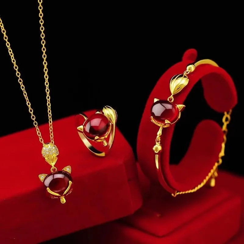 

New Vietnam Gem Garnet Red Fox Animal Charms Rings Golden Bracelet For Women Necklace Vintage Elegant Fashion Jewelry Settings