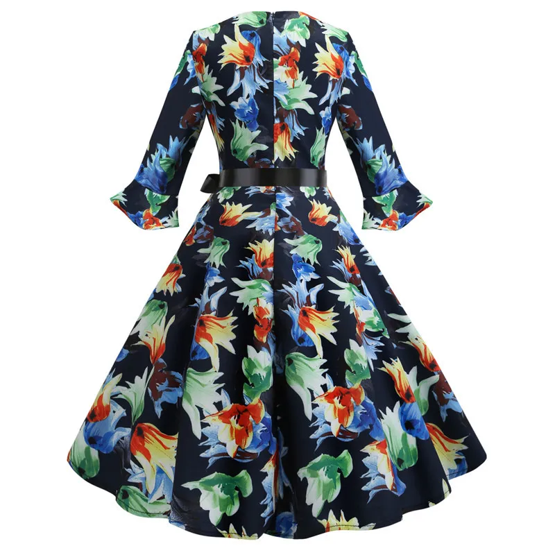 Floral Print Vintage Women Summer Dresses 2021 Robe Pinup Swing Petal Sleeve O-Neck Rockabilly Party Dress A-Line Casual Vestido | Женская