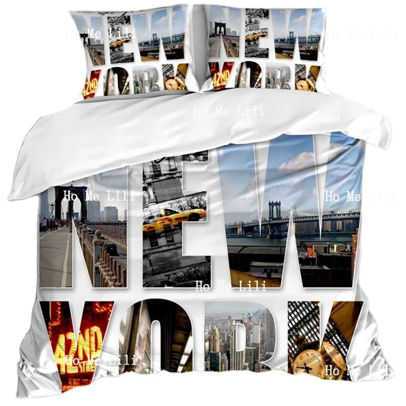 

Modern Duvet Cover Set London Island Print Bus Bridge New York City Collage Featuring With Different Areas Of The Big Manhattan